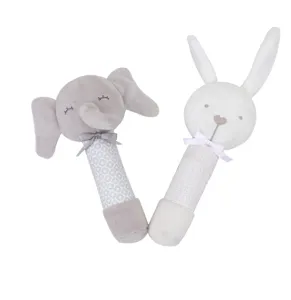 Cute plush baby rattle toy set featuring soft elephant and bunny designs for newborn babies.