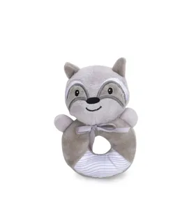 Plush raccoon baby rattle toy, soft newborn soothing ring toy for early sensory development.
