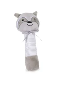 Cute baby plush raccoon rattle toy with soft striped handle and bow, perfect for newborn soothing.
