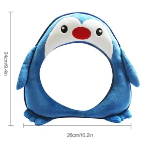 Cute blue penguin plush baby car seat mirror for rear facing infants safety view toy.