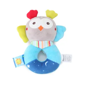Cute plush owl baby hand rattle toy, soft newborn grasping ring with colorful wings and sound.