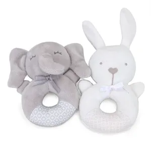 Cute plush baby rattle set with soft elephant and bunny designs, perfect for infant sensory play.