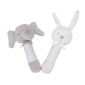 Cute plush baby rattle toy set with elephant and white rabbit design for newborn infants.