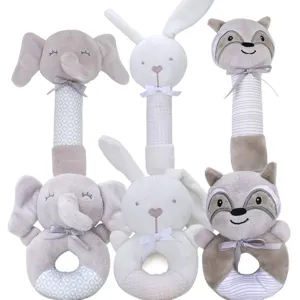 Cute baby plush rattle toy set with soft animal designs, perfect newborn sensory toys.