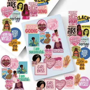 Vista detallada de pegatinas de citas inspiradoras con arte de chicas negras para DIY.