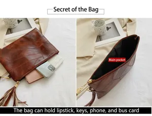 Vue détaillée de la pochette marron vintage en cuir avec fermeture éclair à franges et compartiment.