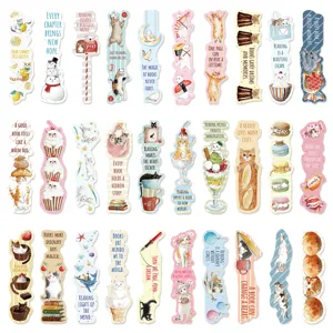 Detailed view of 30 cute cat bookmarks featuring inspiring English book quotes for readers.