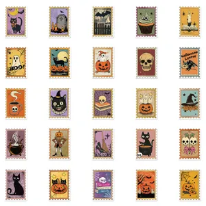 Close up of vintage Halloween stamp stickers featuring cute ghosts, cats and scary skulls.