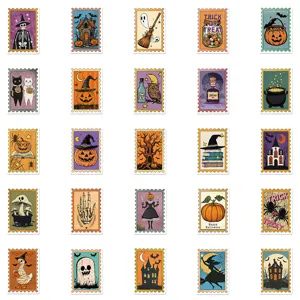 Vintage Halloween stamp stickers set featuring various spooky designs like pumpkins, ghosts and witches.