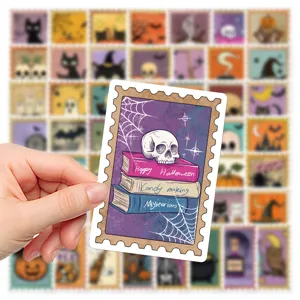 Vintage Halloween stamp stickers, spooky skull and book design for journal water bottle.