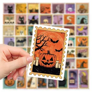 Vintage Halloween stamp stickers, retro jack-o-lantern waterproof decal for crafts.