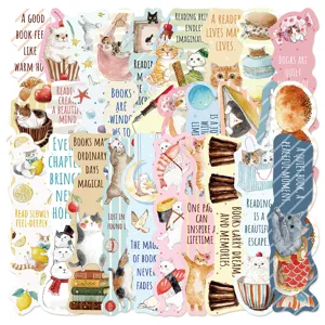 30pcs Cat Reading English Quote Bookmarks Cute Watercolor Page Clips for Students Literary