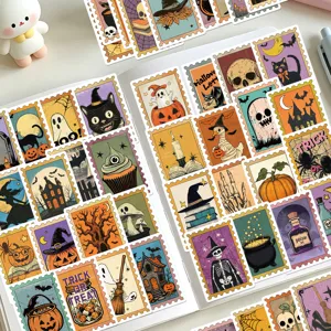 Vintage Halloween stamp stickers detail view, decorative waterproof stationery stickers for journal