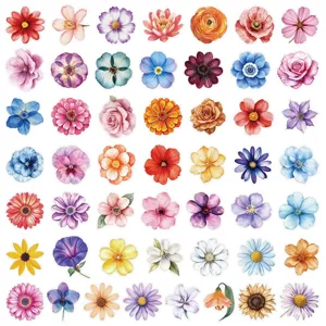 Vista detallada de pegatinas transparentes PET de flores de acuarela coloridas para manualidades.