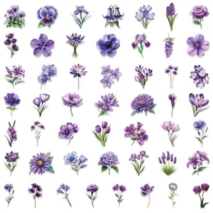 Vista detallada de varios pegatinas transparentes de PET con flores moradas para tu diario DIY.