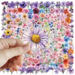 Vista detallada de pegatinas PET de flores en acuarela para pack de pegatinas decorativas.
