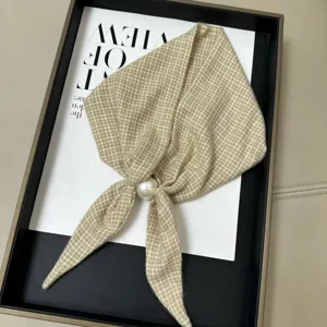 Beige plaid small scarf with pearl magnetic buckle, chic decorative neckerchief necklace.