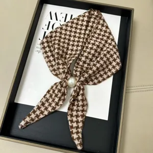 Brown houndstooth silk scarf with elegant pearl magnetic buckle for women and girls daily wear.