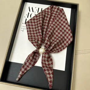 Elegantly designed houndstooth small silk scarf featuring a pearl buckle for women's wear.