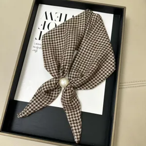 Chic brown houndstooth small silk scarf with elegant pearl magnetic buckle for women.