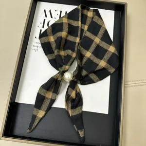 Elegant black plaid scarf with a chic pearl magnetic buckle, perfect as a stylish neckerchief.