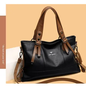Large capacity soft leather shoulder handbag detail, elegant vintage retro tote bag for women.