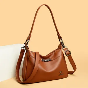 Klassische braune PU-Leder Damen Umhängetasche, elegante Handtasche mit geräumigem Stauraum.