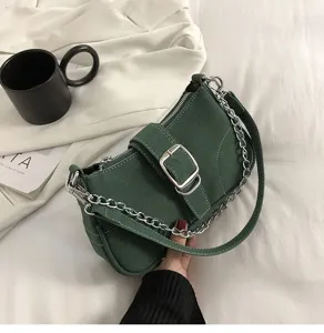 Borsa a tracolla in denim verde scuro da donna, elegante borsa ascellare con catena.