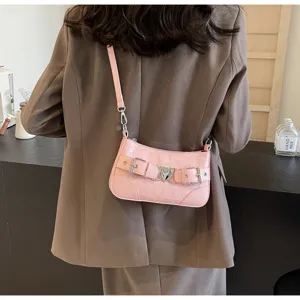 Sac épaule besace motif crocodile rose avec boucle en cœur en métal pour femme mode chic