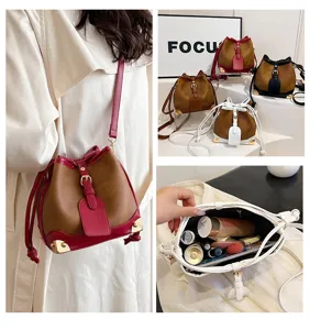 Damen Eimer Tasche Umhängetasche stilvolle Kontrastfarbe PU Leder Handtasche Neu