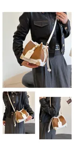 Braune und weiße Beuteltasche Detailansicht, stilvolle Umhängetasche für Damen Alltag.