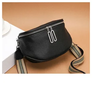 Genuine leather women's saddle bag chest bag, premium cowhide crossbody shoulder bag with wide strap.