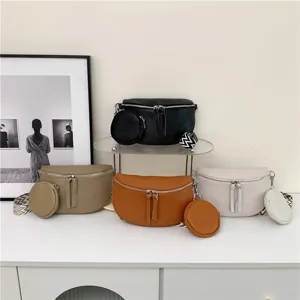 Fashion women leather crossbody chest bag casual saddle bag with small round coin purse set
