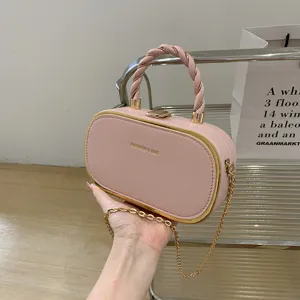 Sac a main rigide rose avec poignee tressee et chaine dores pour le style de mode.