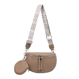 Fashion Women Crossbody Saddle Bag Stylish Chest Bag with Geometric Wide Strap & Coin Purse