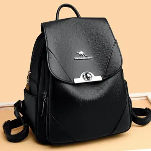 Zaino in pelle nera da donna, elegante borsa da viaggio casual di grande capacità per scuola.