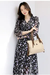 Stylish soft leather tote handbag for women, large capacity shoulder bag with elegant design.