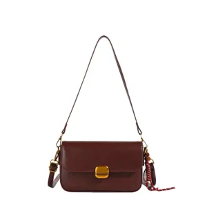 Sac à bandoulière en cuir marron vintage sac rétro chic pour femme avec quincaillerie dorée