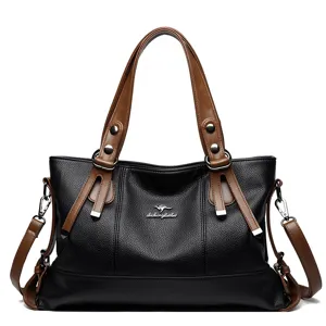 Large capacity soft leather women handbag, stylish black tote with brown shoulder straps.