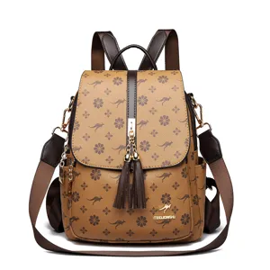 Sac à dos femme élégant en cuir PU marron avec motif kangourou, pompon et grande capacité.