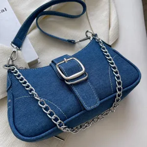 Borsa a tracolla sottobraccio in denim da donna con catena in metallo e fibbia