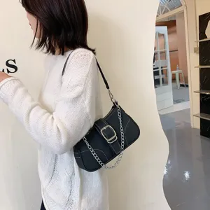 Borsa a tracolla in denim nero da donna, elegante borsa in tela con catena argentata.