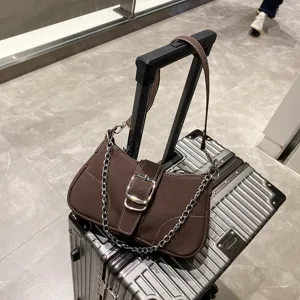 Borsa a spalla in denim marrone da donna, elegante borsa sottobraccio con fibbia in metallo e catena.