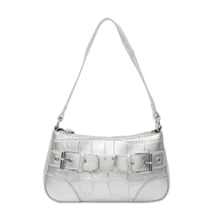Sac à épaule métallisé argenté pour femme, sac à aisselle tendance Y2K texture croco