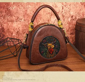 Retro geprägte Hirsch Umhängetasche mit Bambusgriff, schickes Crossbody Design für Alltag.