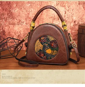 Vintage geprägte Umhängetasche mit Blumen-Vogel-Muster, stilvolle Leder-Tasche für Damen.