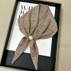 Brown plaid neck scarf with elegant pearl magnetic buckle, stylish versatile accessory.