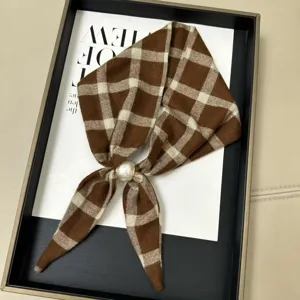 Brown and white plaid neck scarf with an elegant magnetic pearl buckle for versatile daily wear.