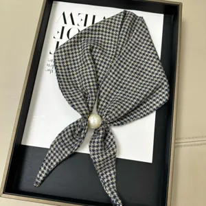Houndstooth neck scarf with pearl magnetic buckle, elegant daily accessory for women's outfit.
