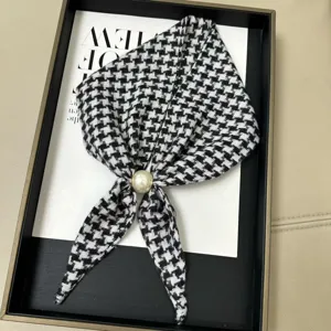 Black and white houndstooth neckerchief with pearl magnetic buckle, stylish scarf.